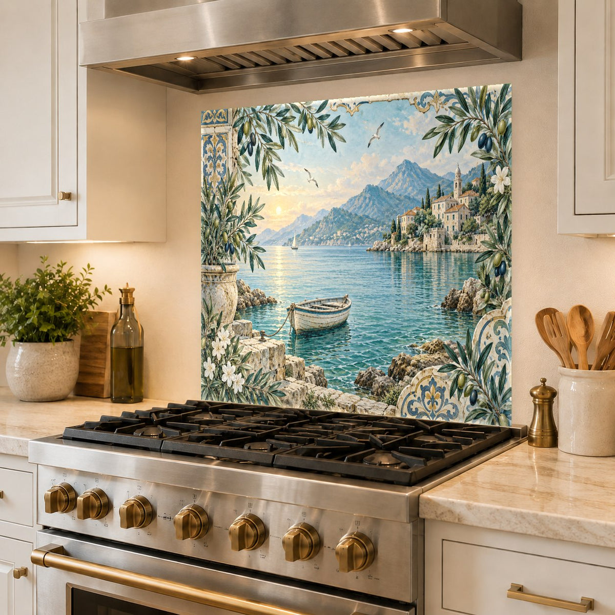 Harbor rowboat print on tempered glass installed as a full backsplash in a rustic lake cottage kitchen.