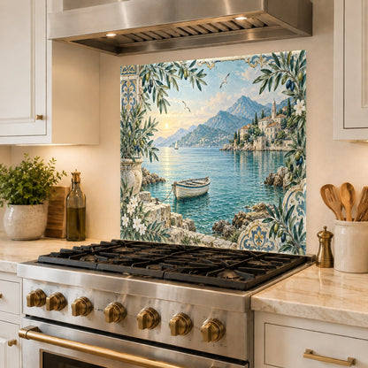 Harbor rowboat print on tempered glass installed as a full backsplash in a rustic lake cottage kitchen.