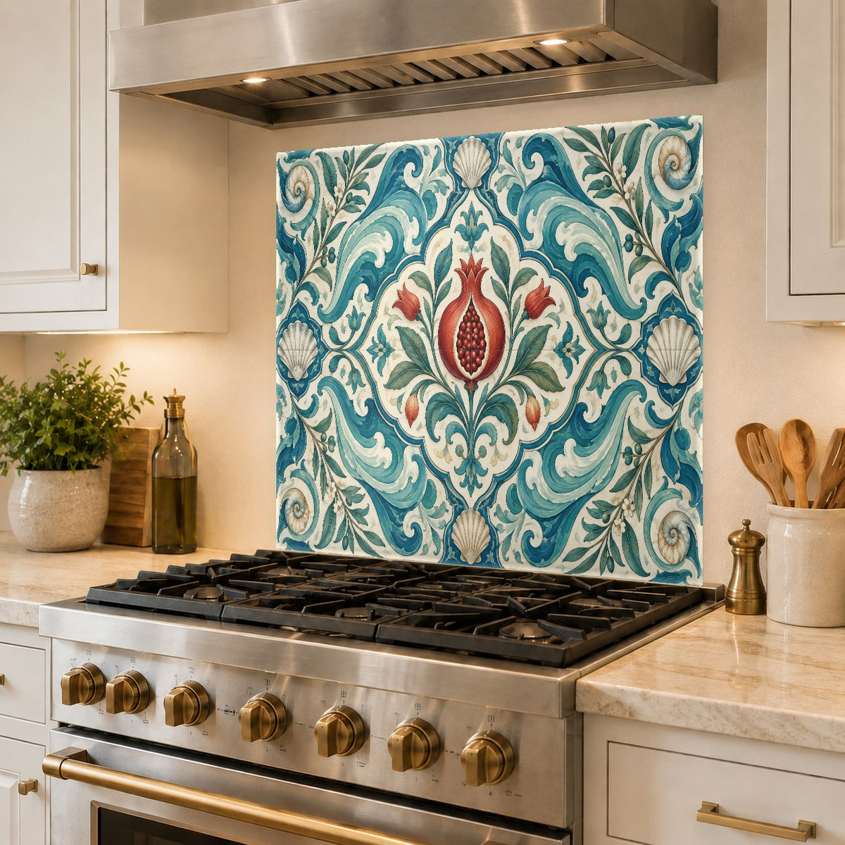 Close-up of the smooth, glossy surface of the Pomegranate Waves glass kitchen panel
