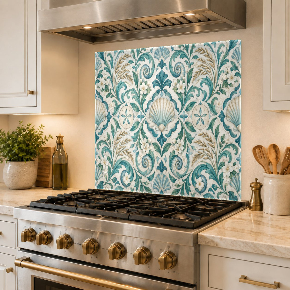 Bright coastal kitchen island and rear wall fitted with a custom seashell damask glass backsplash.
