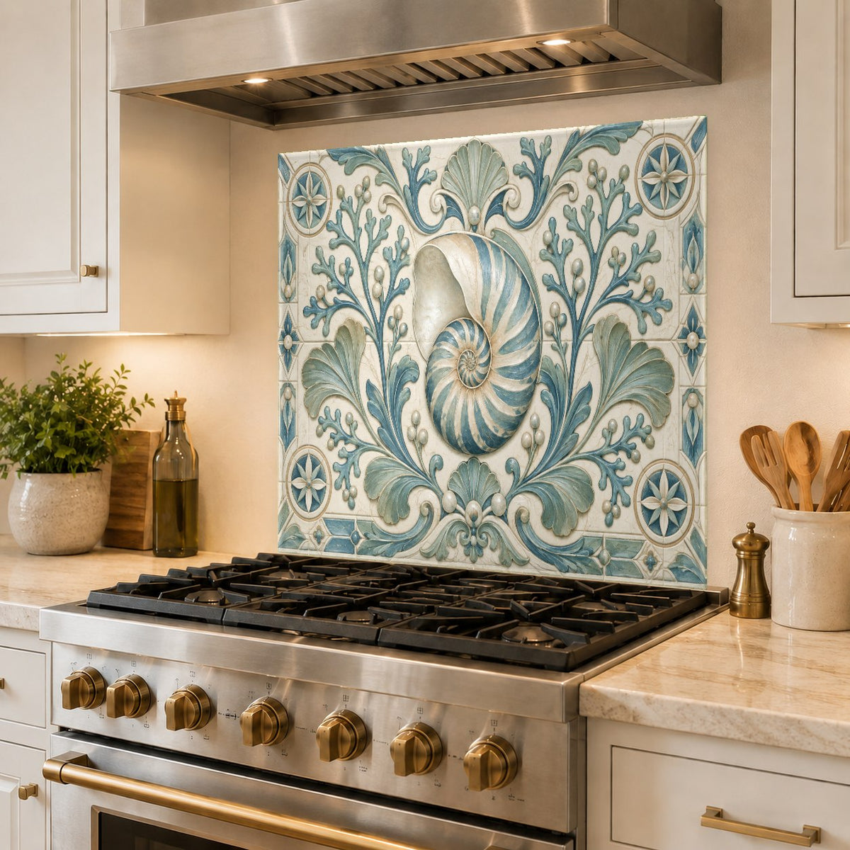 Luxury kitchen stove guard made of tempered glass showcasing a relief-style fossil spiral.