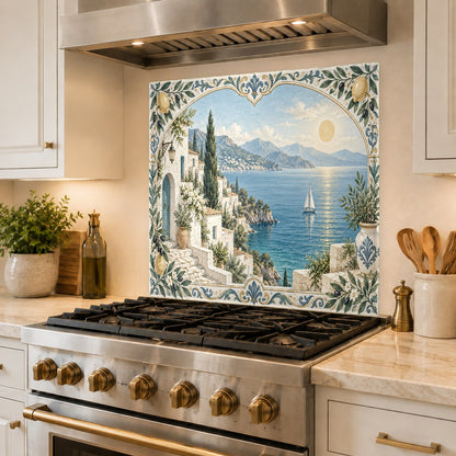 Bright coastal archway glass backsplash behind a cooktop in an open-concept kitchen island.