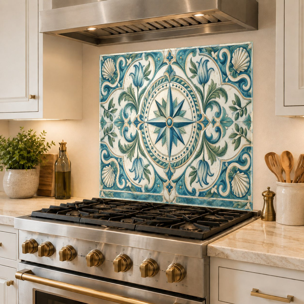 A high-gloss compass rose glass backsplash reflects light in a bright, modern coastal kitchen setup.