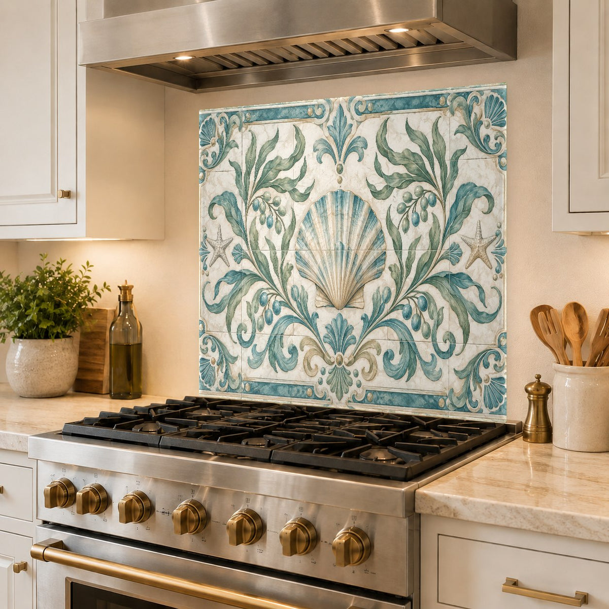 Scallop olive glass splash guard protecting the wall behind a kitchen range