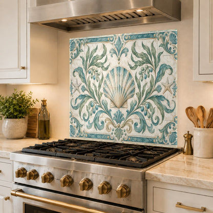 Scallop olive glass splash guard protecting the wall behind a kitchen range