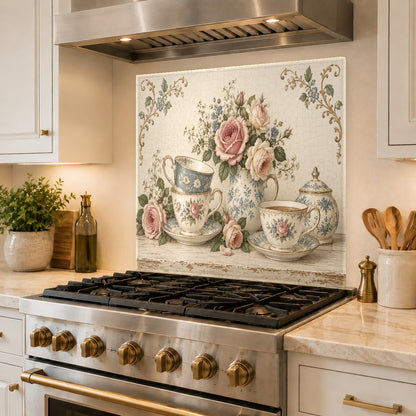 Rose Teacups kitchen wall glass protection panel behind a prep island