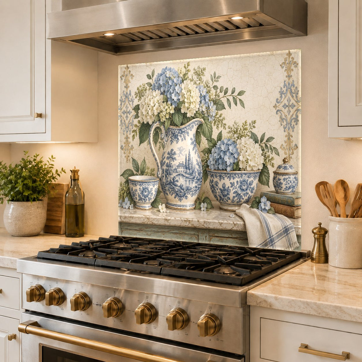 Tempered glass backsplash with floral design mounted behind a farmhouse kitchen sink