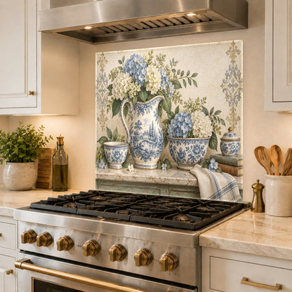 Tempered glass backsplash with floral design mounted behind a farmhouse kitchen sink