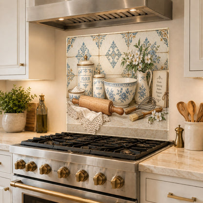 High gloss Baking Canisters backsplash panel installed in a home baking corner