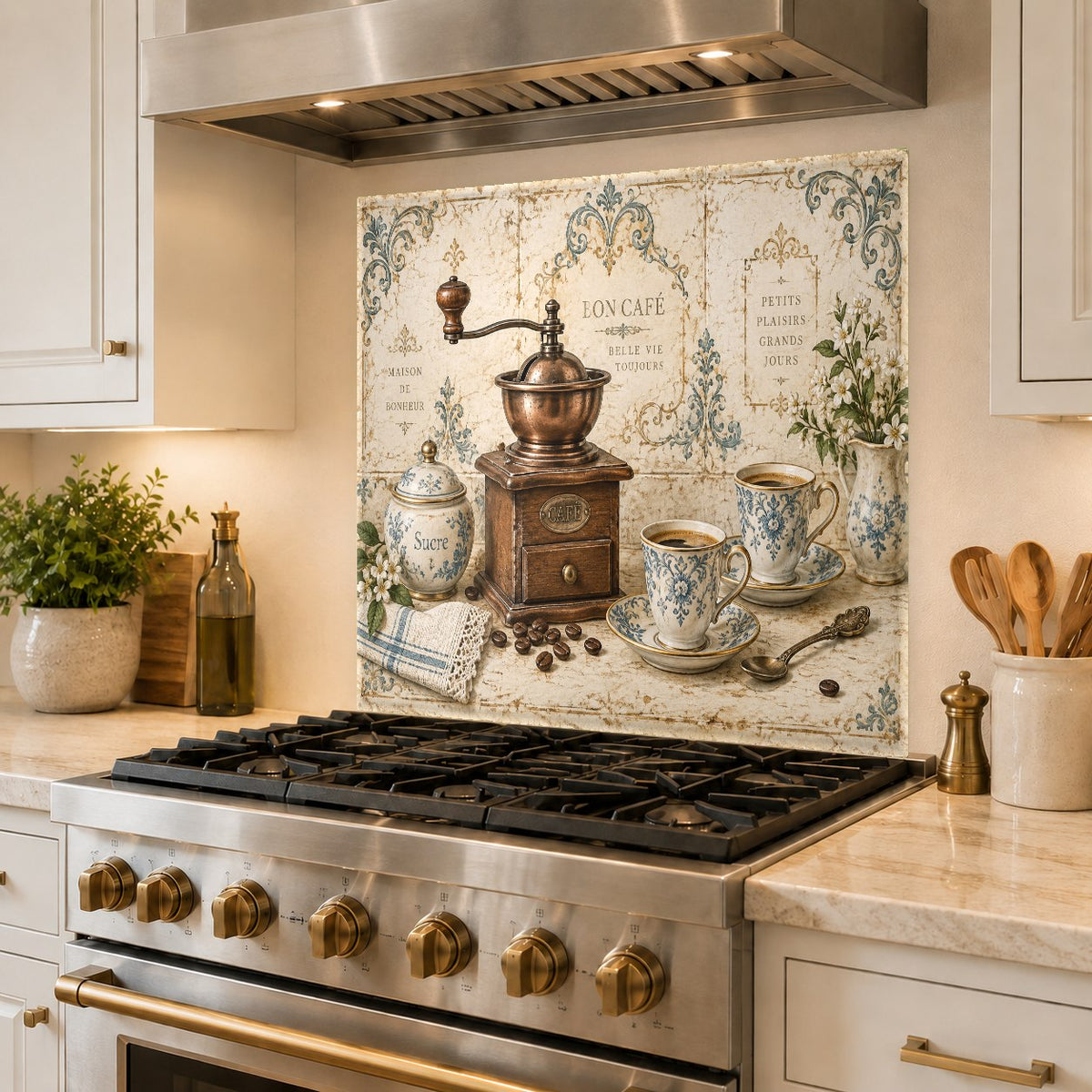 Close-up of the high gloss coffee grinder glass backsplash texture