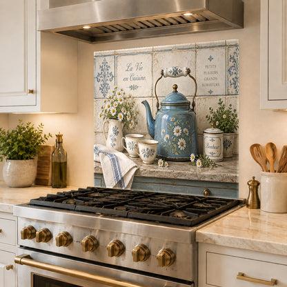 Clean and modern kitchen featuring daisy kettle glass backsplash