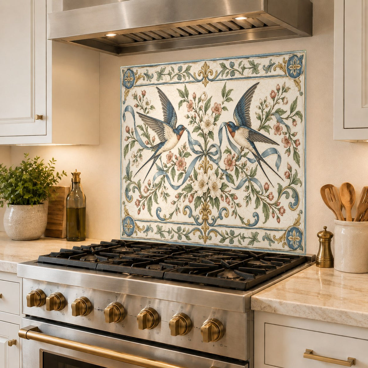 Swallow Ribbon custom kitchen glass backsplash protecting wall from grease and water