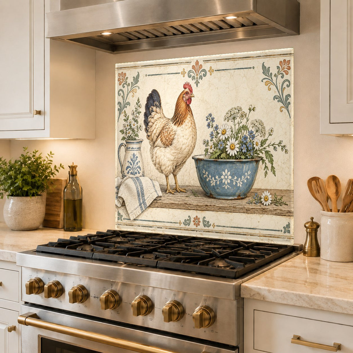 Tempered glass kitchen backsplash with hen graphic mounted behind a farmhouse sink