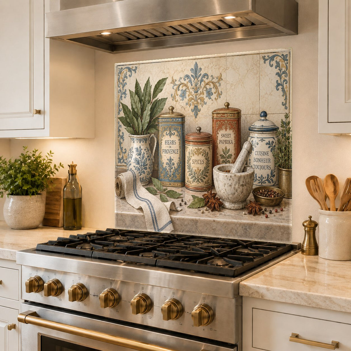 Heat resistant glass backsplash behind a professional range stove