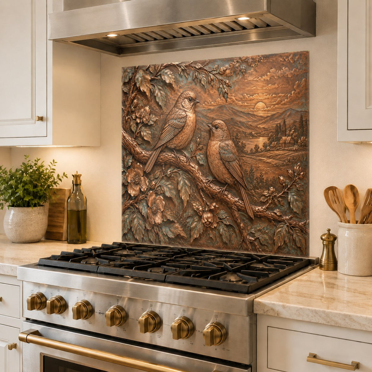 Vibrant songbird and branch kitchen glass panel catching natural morning light