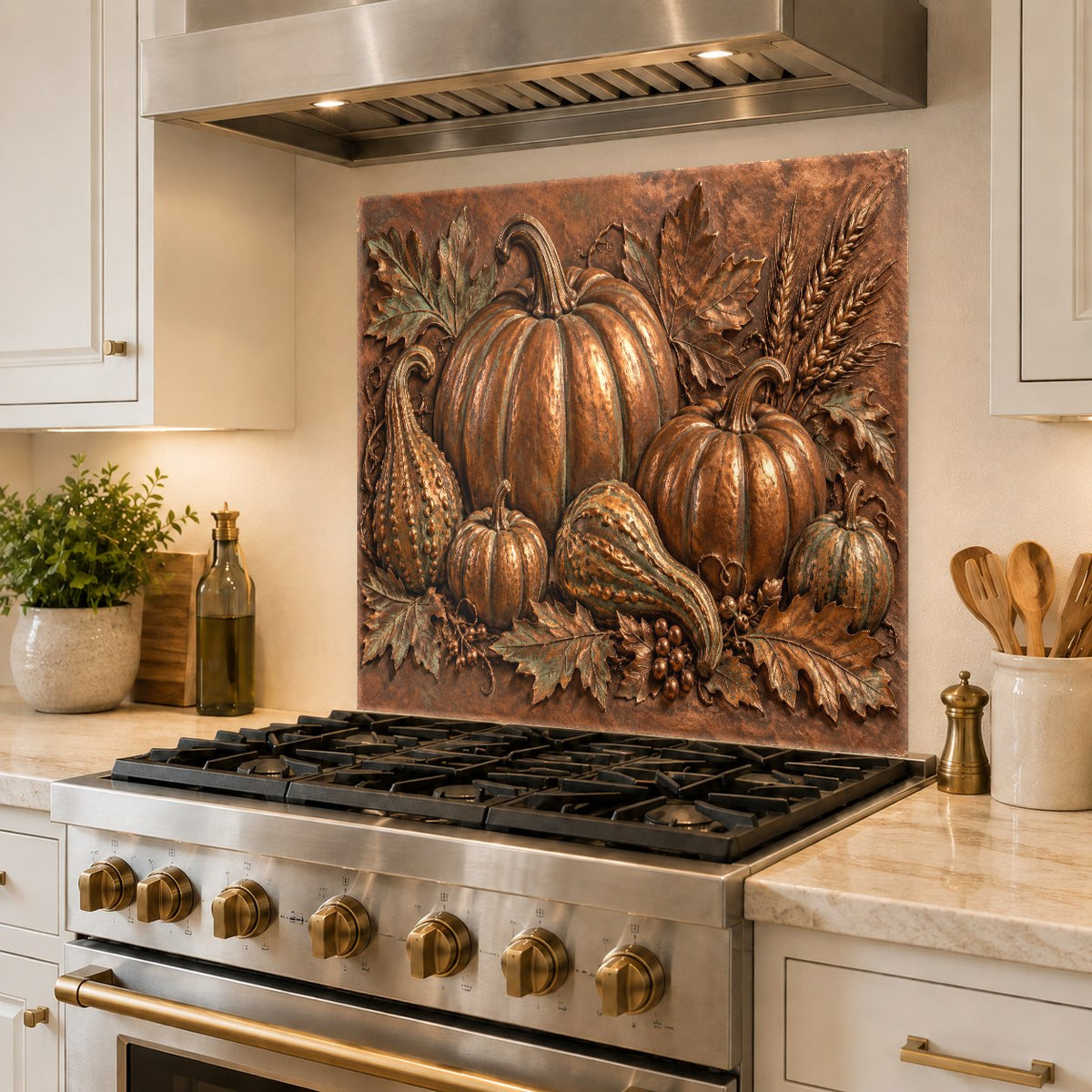 Fall themed kitchen glass backsplash behind a food preparation sink area