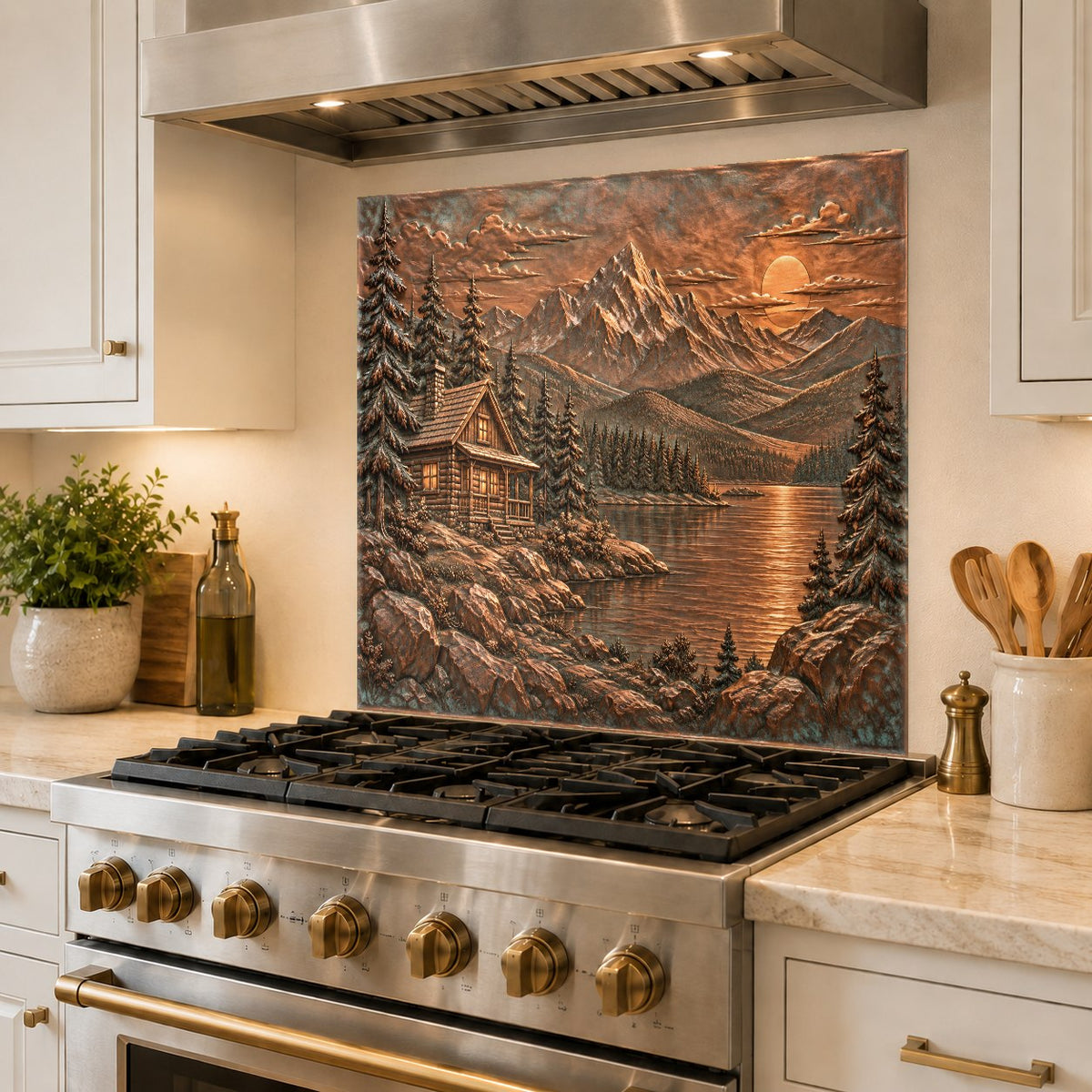 Cabin in the woods glass backsplash panel mounted over a kitchen prep sink
