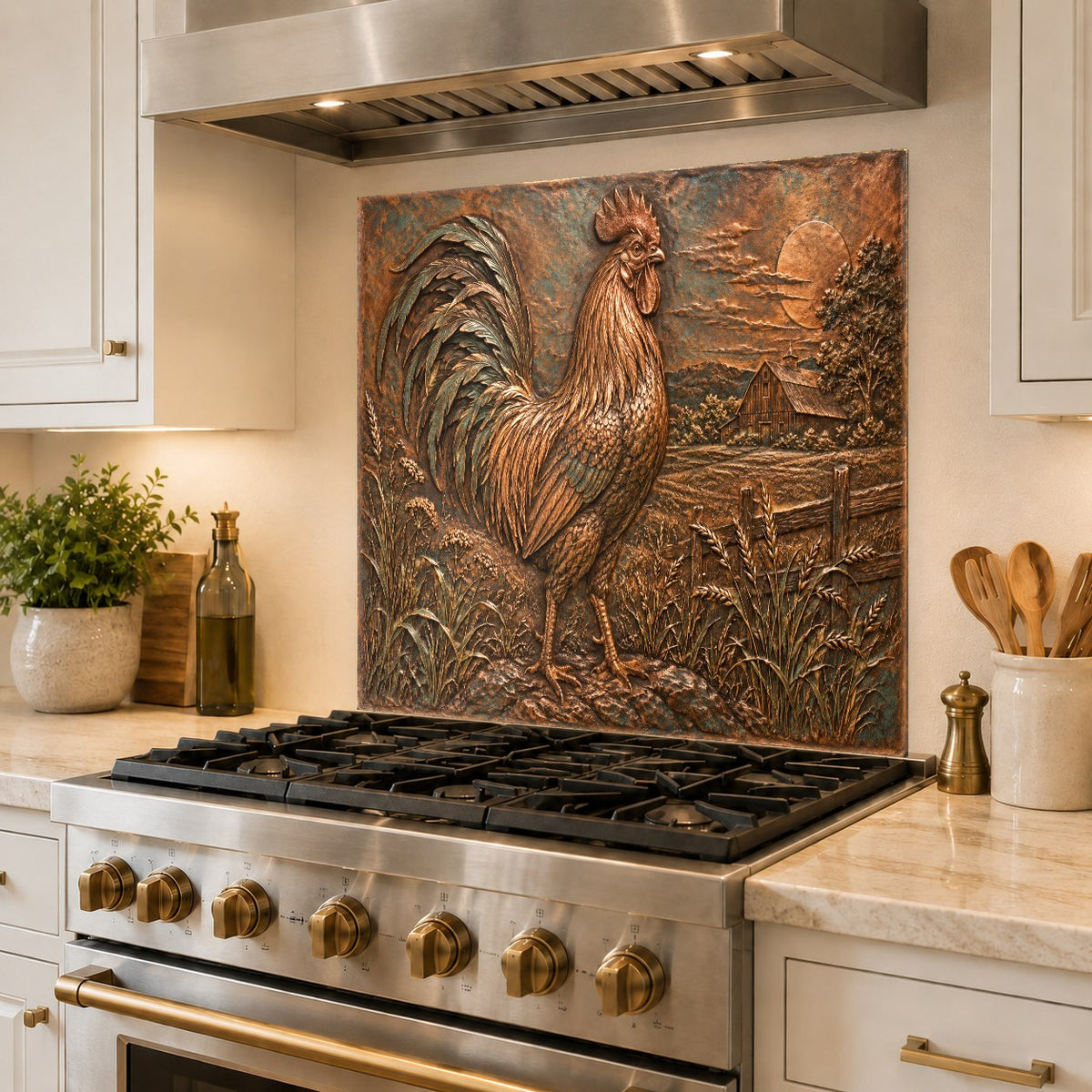 Country kitchen glass backsplash panel installed on a clean white subway tile wall