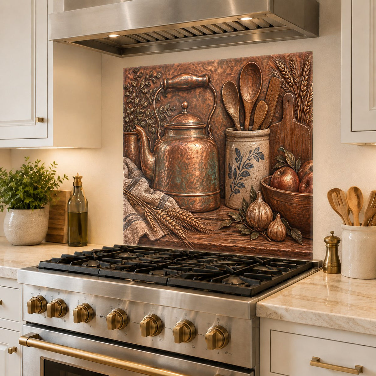 Detailed shot of a copper kettle glass panel installed in a farmhouse kitchen