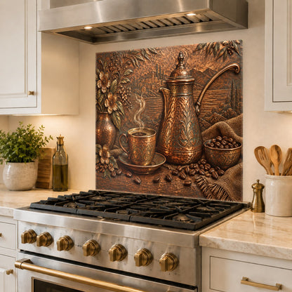 Rustic coffee cezve glass panel installed in a farmhouse kitchen backsplash area