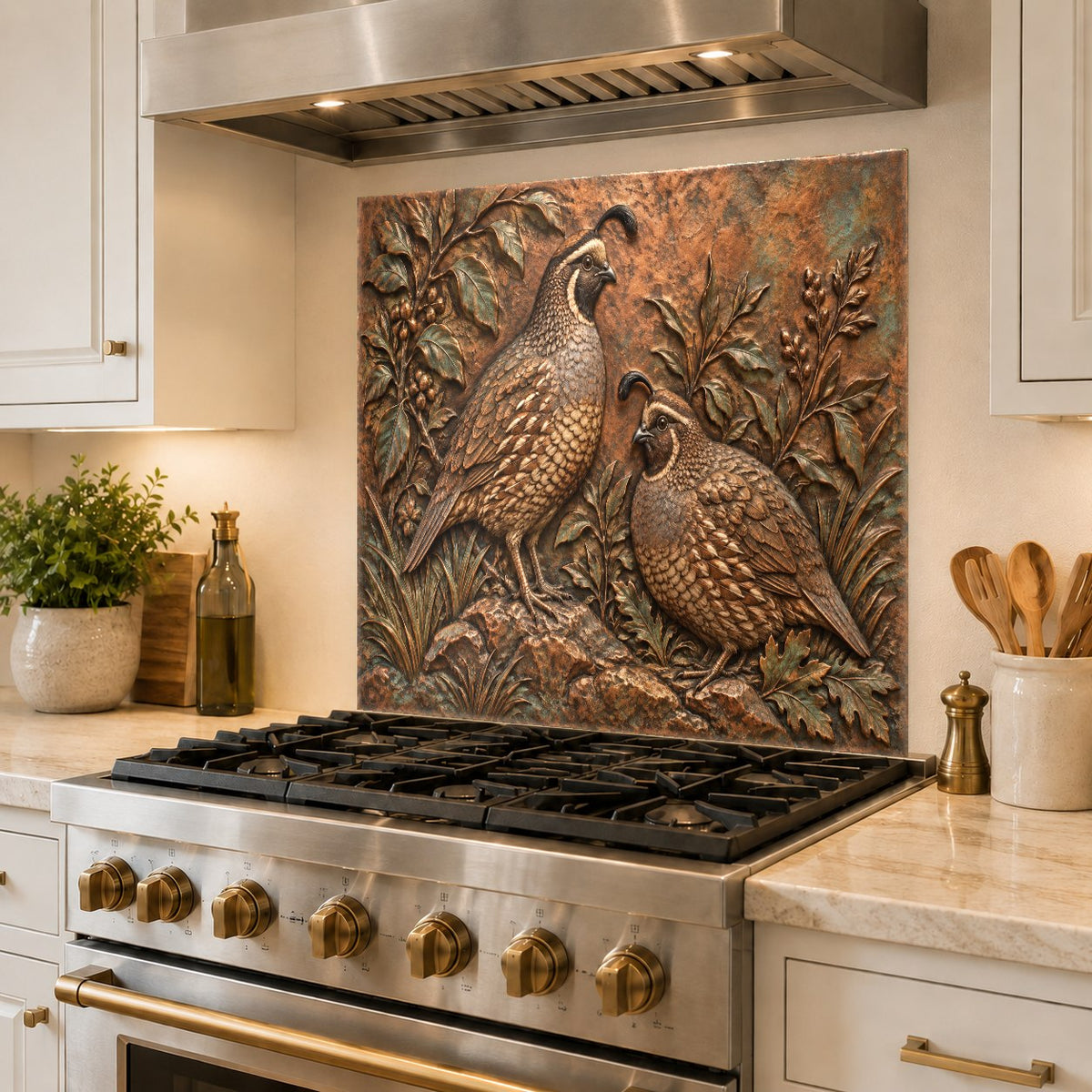 Tempered glass stove splash guard featuring a charming quail family