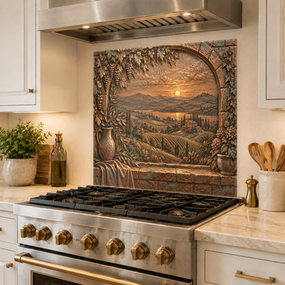 Vibrant Italian vineyard glass backsplash installed above a kitchen counter