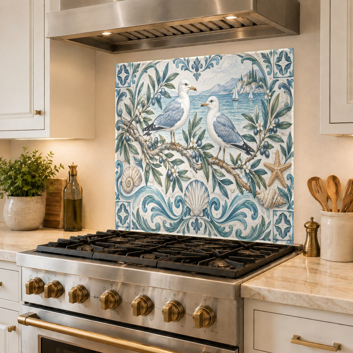 Seamless glass kitchen backsplash panel installed along a main cooking wall