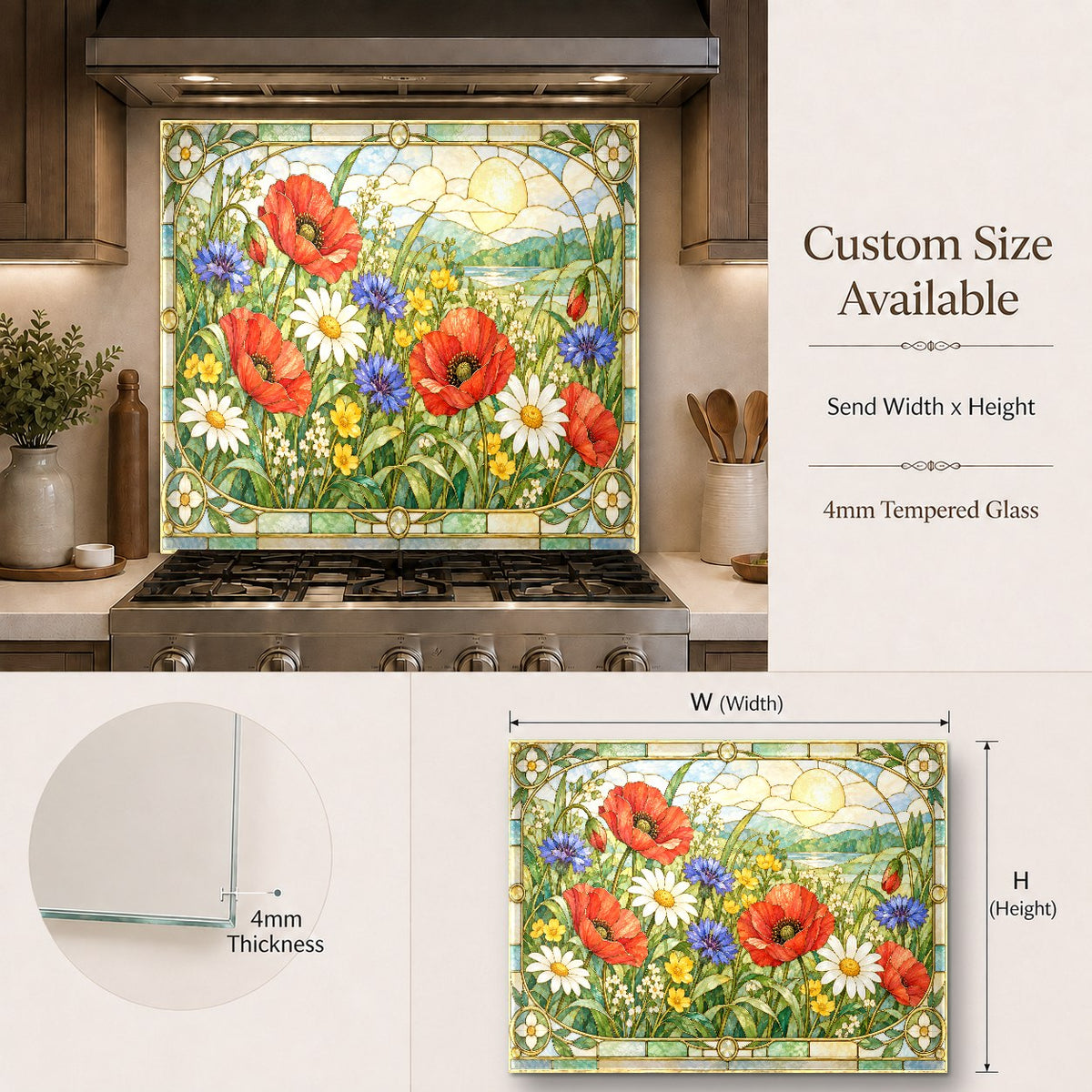Botanical tempered glass splash guard installed behind a kitchen prep sink