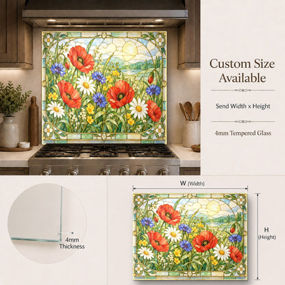 Botanical tempered glass splash guard installed behind a kitchen prep sink