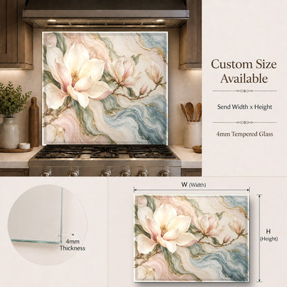 Marble Magnolia custom glass backsplash panel reflecting modern kitchen lighting