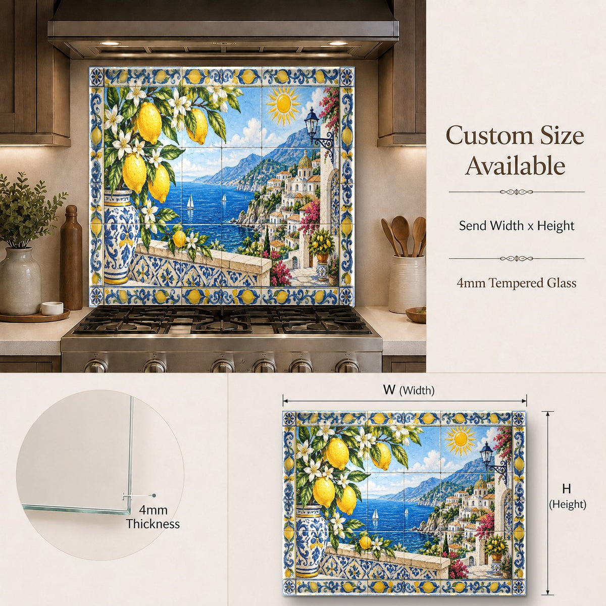 Durable heat-resistant glass backsplash with Amalfi lemon print installed in a home bar