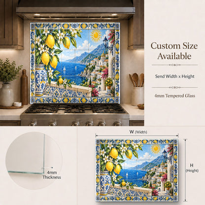 Durable heat-resistant glass backsplash with Amalfi lemon print installed in a home bar