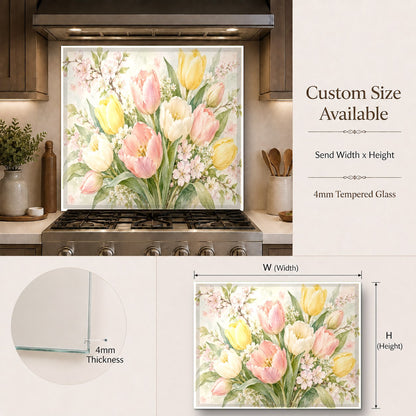 Grout-free watercolor tulips glass kitchen panel reflecting natural light