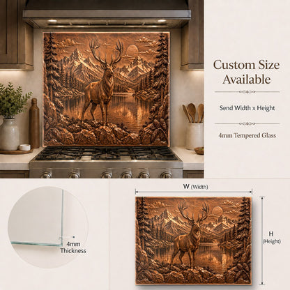 Sleek glass backsplash panel with a copper stag behind the kitchen sink