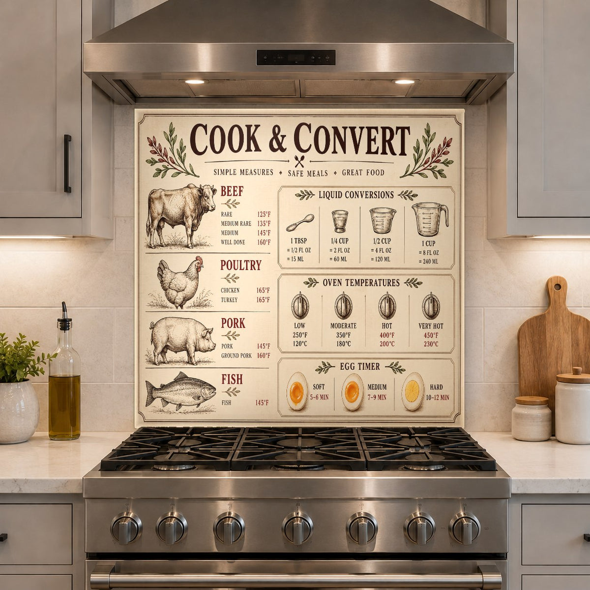 Meat Temperature Chart tempered glass backsplash in a home bar area