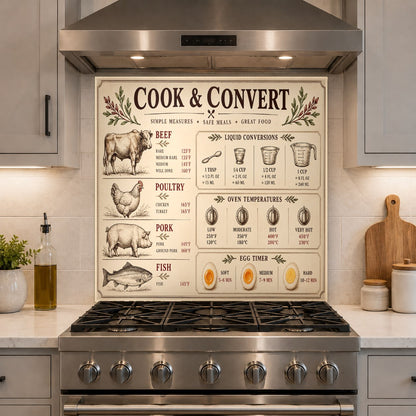 Meat Temperature Chart tempered glass backsplash in a home bar area
