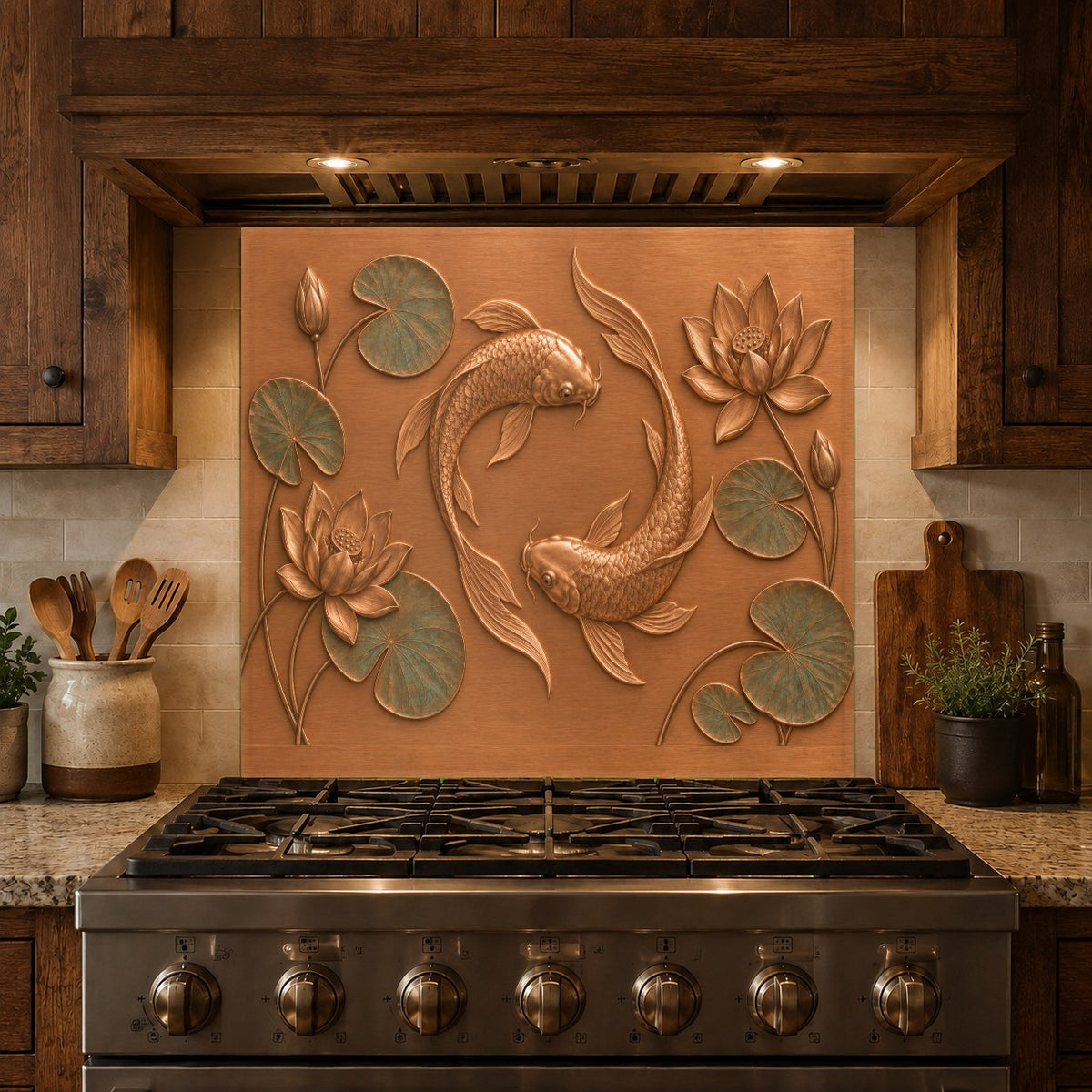 Sleek non-porous glass backsplash panel reflecting light behind a kitchen stovetop