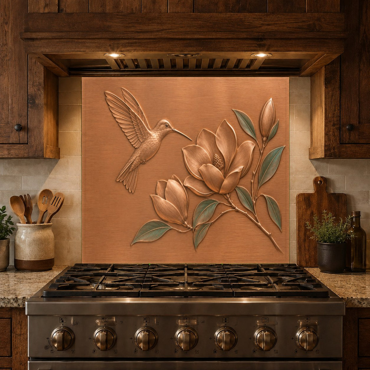 Custom tempered glass kitchen backsplash reflecting light behind the stove