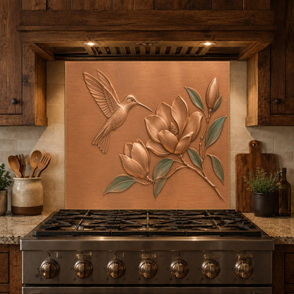 Custom tempered glass kitchen backsplash reflecting light behind the stove