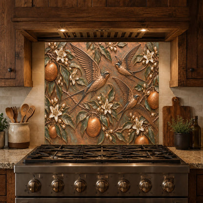 Orange Swallows glass backsplash mounted behind a sleek farmhouse kitchen sink