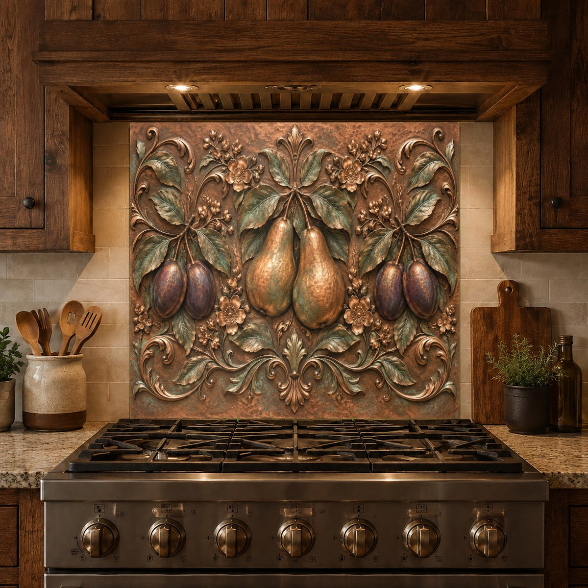 Durable pear and plum glass splash panel on kitchen wall with white shaker cabinets