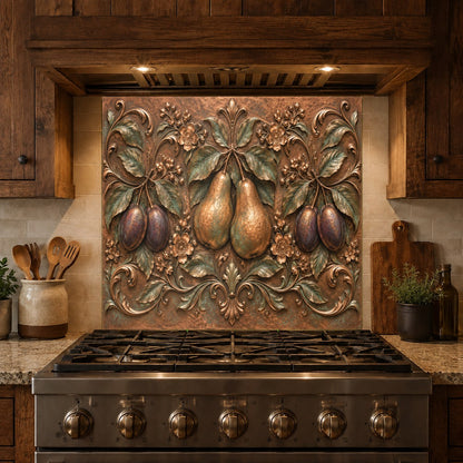 Durable pear and plum glass splash panel on kitchen wall with white shaker cabinets