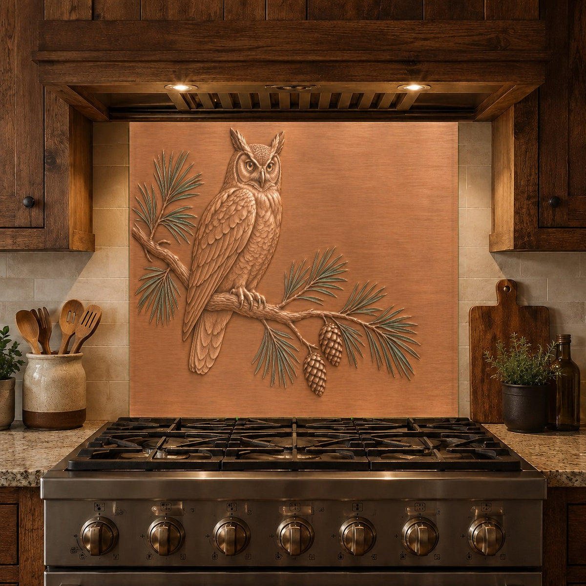 Wildlife themed glass backsplash behind a modern kitchen induction cooktop