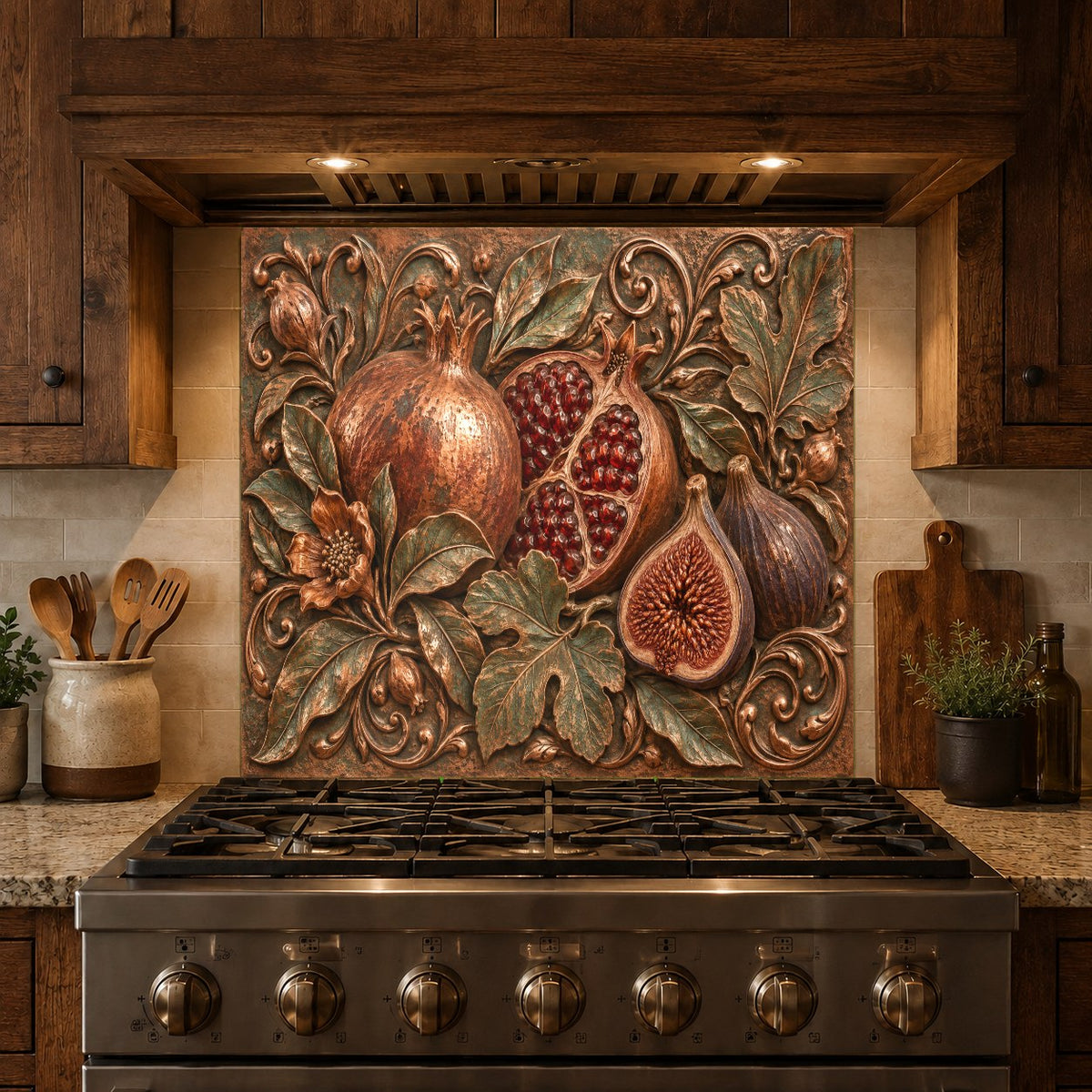 Pomegranate Fig decorative glass backsplash panel reflecting light in a contemporary kitchen