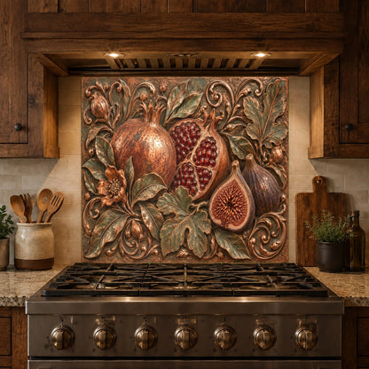 Pomegranate Fig decorative glass backsplash panel reflecting light in a contemporary kitchen