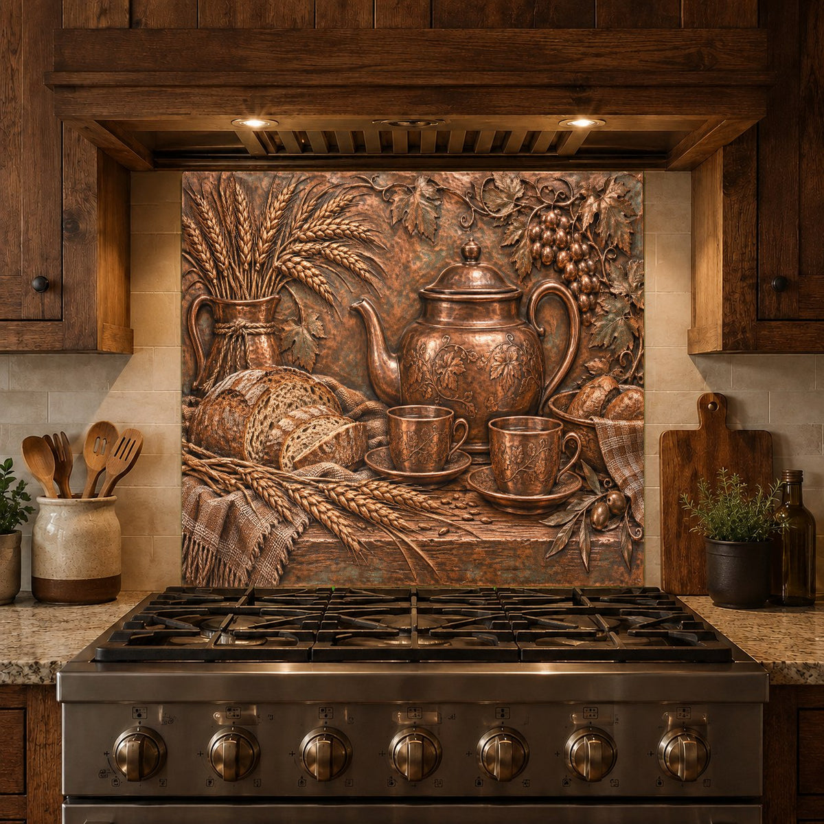 Detailed shot of Rustic Teatime kitchen glass panel reflecting warm ambient lighting