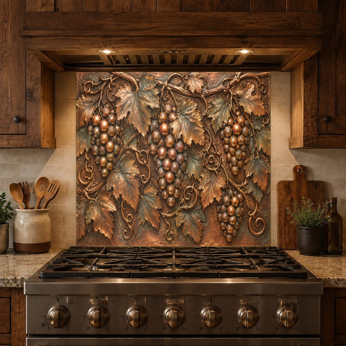 Farmhouse kitchen design featuring a colorful Vineyard Grapes glass backsplash