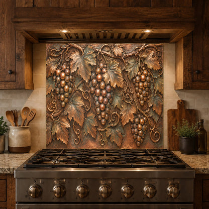 Farmhouse kitchen design featuring a colorful Vineyard Grapes glass backsplash