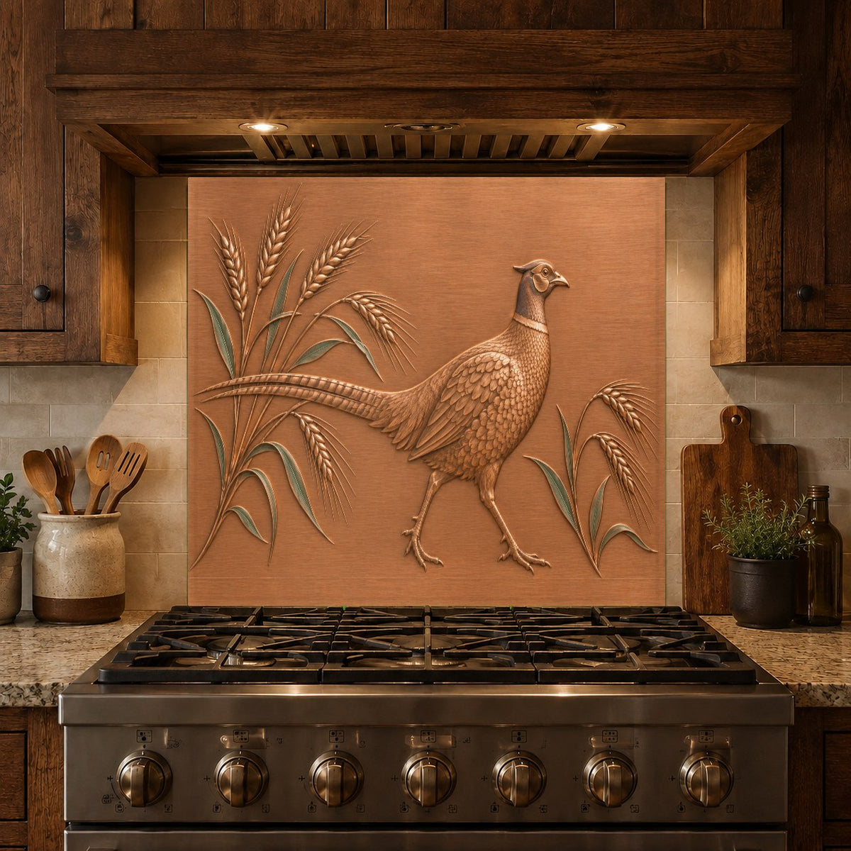 Stunning pheasant kitchen glass backsplash behind a ceramic stovetop
