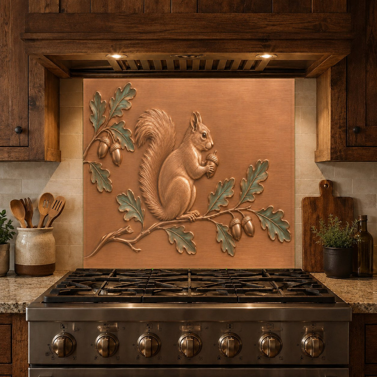 Cozy cabin kitchen makeover showcasing a beautiful autumn squirrel themed glass backsplash.